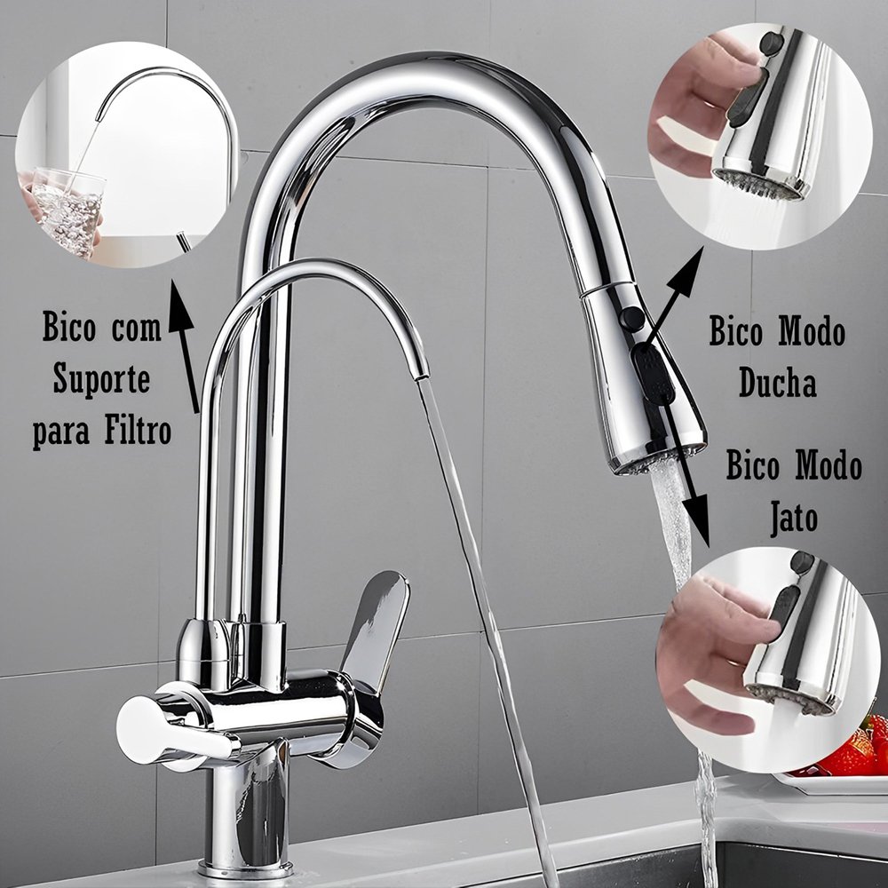 Torneira Extensível para Cozinha Gourmet com Suporte de Filtro e Ducha Jato - 2