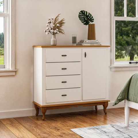 Cômoda 4 Gavetas 1 Porta Pés Luiz Xv Clássica Bebê Branco-imbuia