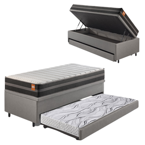 Bicama Box Baú Solteiro Courino Linho Cinza 88x188 com Colchão Bogotá Molas Ultralastic Inducol