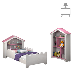 Cama Infantil Princesa com Estante Organizadora Magia Branco/Rosa