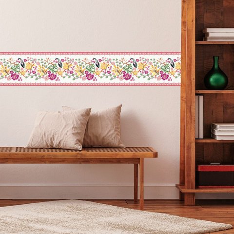Faixa Decorativa Adesiva (autocolante) - Floral Rosa e Amarelo