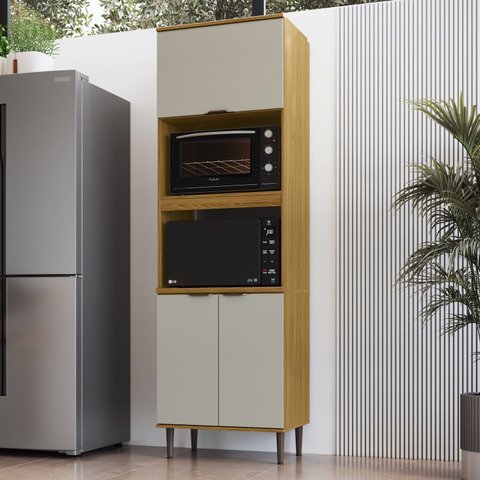 Armário Torre Quente 3 Portas 2 Nichos para Forno e Microondas Copenhague Bege/Ipê/Sabbia