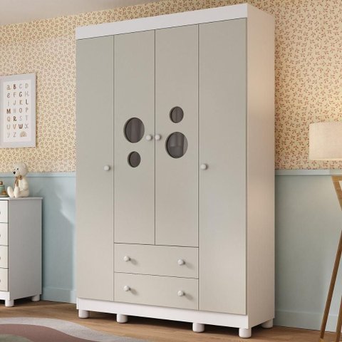 Guarda-roupa Infantil 122cm com Vidro 4 Portas e 2 Gavetas Bombom Multimóveis Mp4463 Branco-off