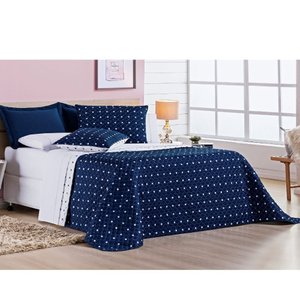 Kit Cobre Leito Colcha Dupla Face Micropercal 200 Fios King 3 peças Petit Poá:Azul Marinho