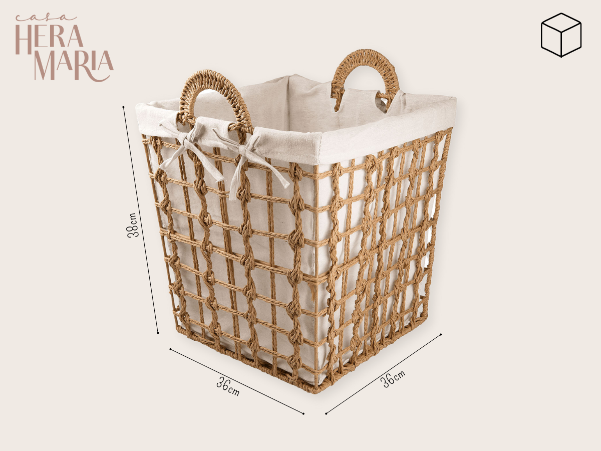 CESTO ORGANIZADOR FIBRA NATURAL FORRO ALGODÃO EXTRA GRANDE:Natural e Branco - 2