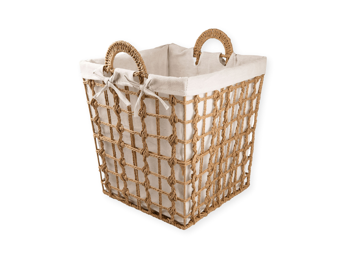CESTO ORGANIZADOR FIBRA NATURAL FORRO ALGODÃO EXTRA GRANDE:Natural e Branco - 1