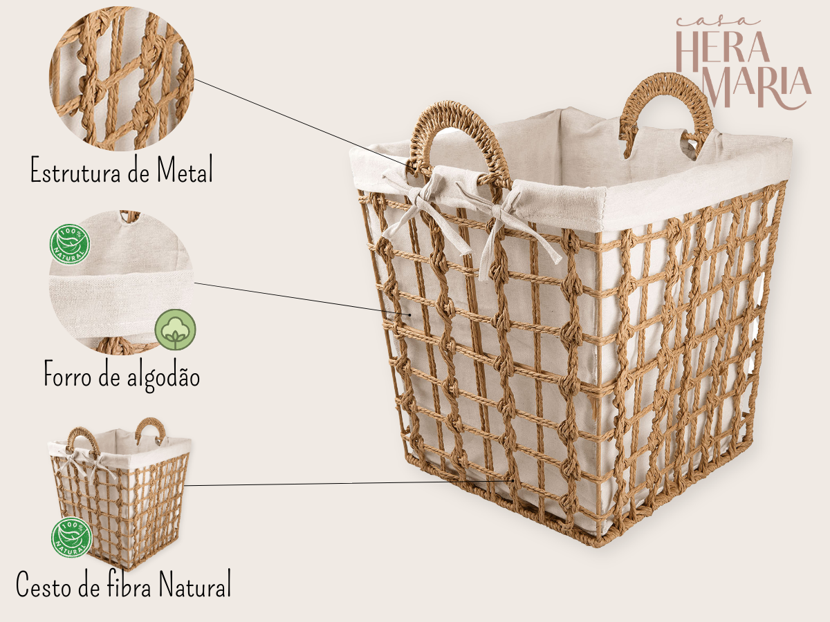 CESTO ORGANIZADOR FIBRA NATURAL FORRO ALGODÃO EXTRA GRANDE:Natural e Branco - 3