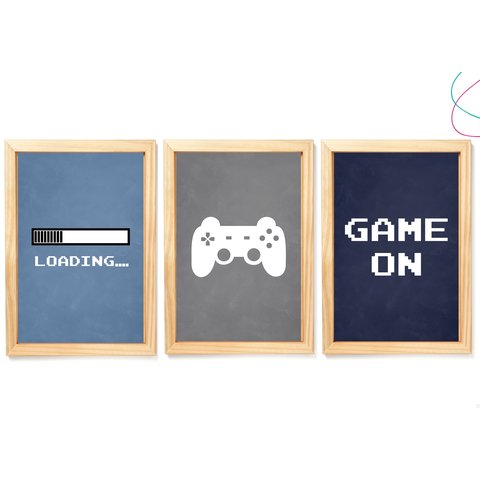 Kit 3 Quadros Decorativos Game On Video Game Vidro Moldura:pinus
