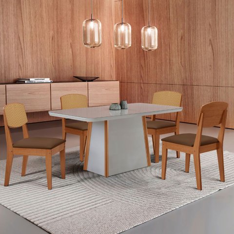 Mesa de Jantar Diane 120cm Tampo Mdf Vidro com 4 Cadeiras Copper Premium Moderna Mobília