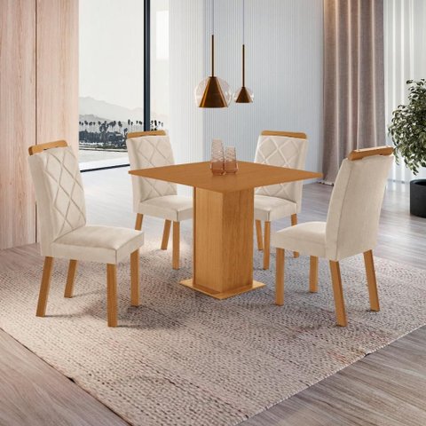 Conjunto Mesa de Jantar 90cm com 4 Cadeiras Estofadas Multimóveis Crrft-CON048 Madeirado/Creme