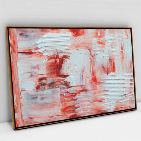 Quadro Decorativo em Canvas Abstrato Vermelho e Branco TaColado Moldura Flutuante 4,5cm Freijó 120 x