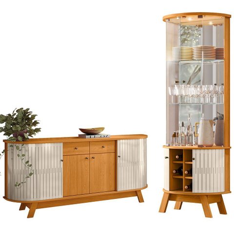 Kit Aparador Buffet Inara e Cristaleira Marília Orgânico M07 Cinamomo Off White - Lyam Decor