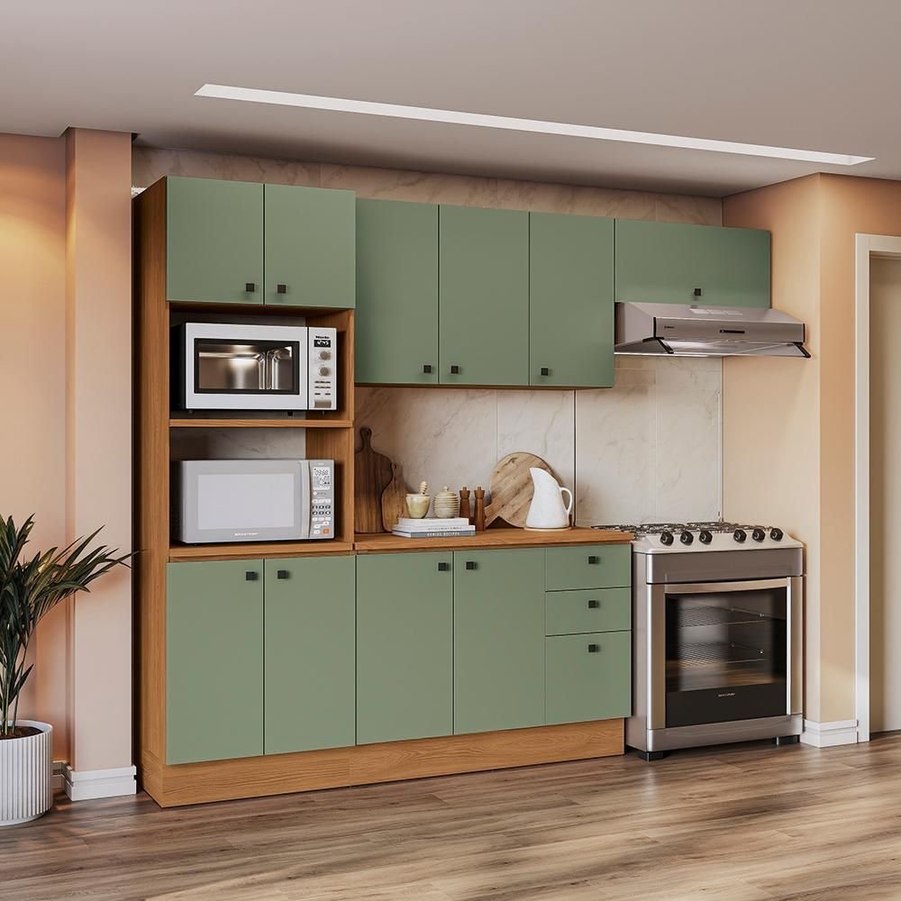 Armário de Cozinha Completa 270cm Canela/verde Frevo Pixel