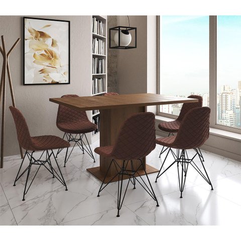 Mesa Jantar Londres Retangular Amêndoa 137x90cm 6 Cadeiras Estofadas Caramelo Ferro Preto