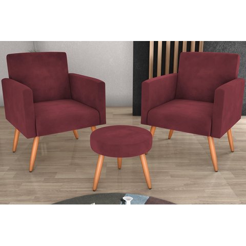 Kit 2 Poltronas + Puff Dallas Veludo Vinho E432 - Matrix