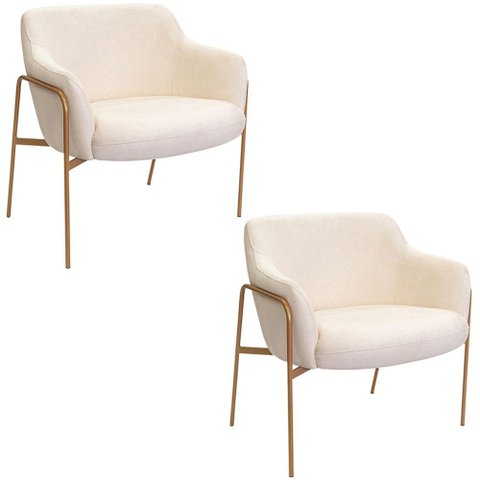 Kit 02 Poltronas Decorativas Jade Base Aço Ouro Fosco Bouclé Off White - Nexta Casa