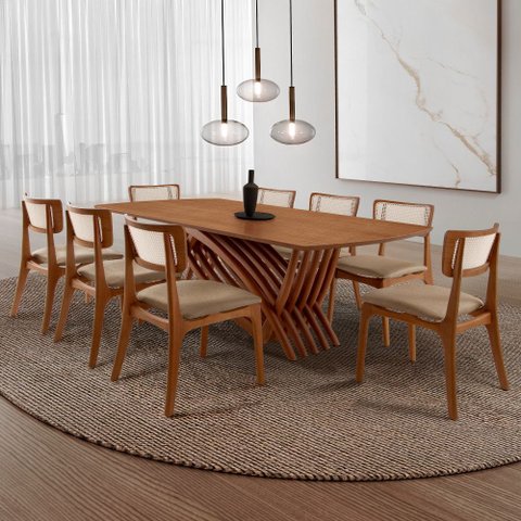 Conjunto Sala de Jantar Mesa Venus Tampo 220cm Laminado Barril e 8 Cadeiras Viena