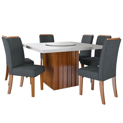 Conjunto Sala de Jantar Amsterdã New Mesa com Tampo Giratório 6 Cadeiras Grécia Madeirado/Grafite