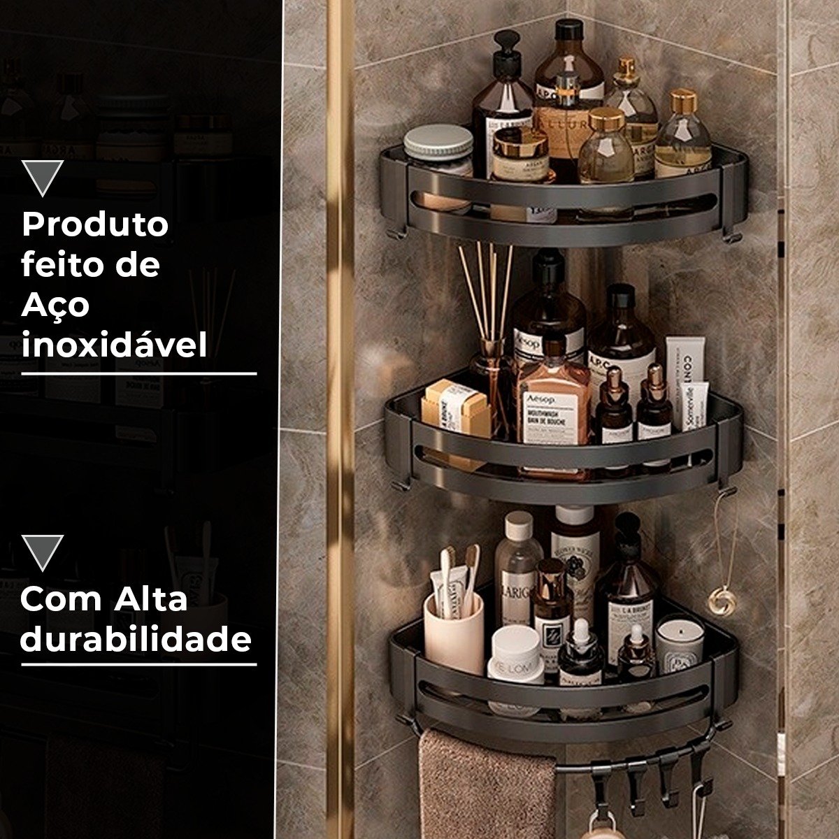 Suporte Shampoo de Canto Parede Banheiro Aço Inox Preto - 5