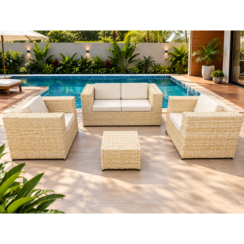 Conjunto Sofá e Poltronas Quadrado Área Externa Jardim Varanda Fibra Sintética Cor Palha Natural