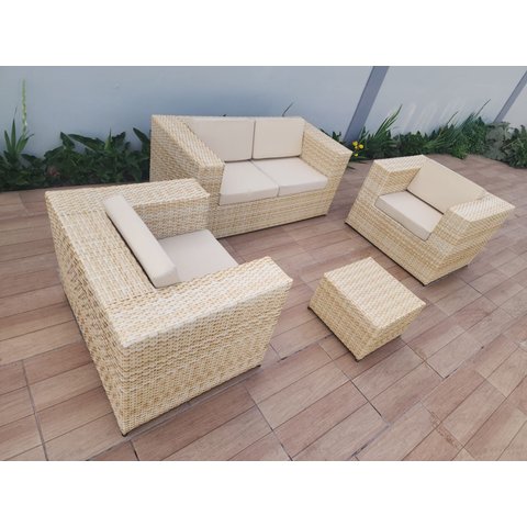 Conjunto Sofá e Poltronas Quadrado Área Externa Jardim Varanda Fibra Sintética Cor Palha Natural