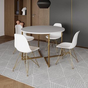 Mesa Jantar Industrial Redonda 110Cm Branca Base V Dourada Com 4 Cadeiras Brancas Base Cor: Branco