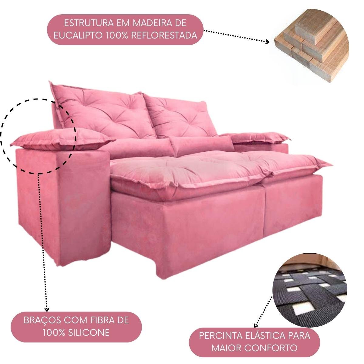 Sofa Reclinavel Retratil Fofinho P/ Assistir Series 2,30m Cor:Rose - 3