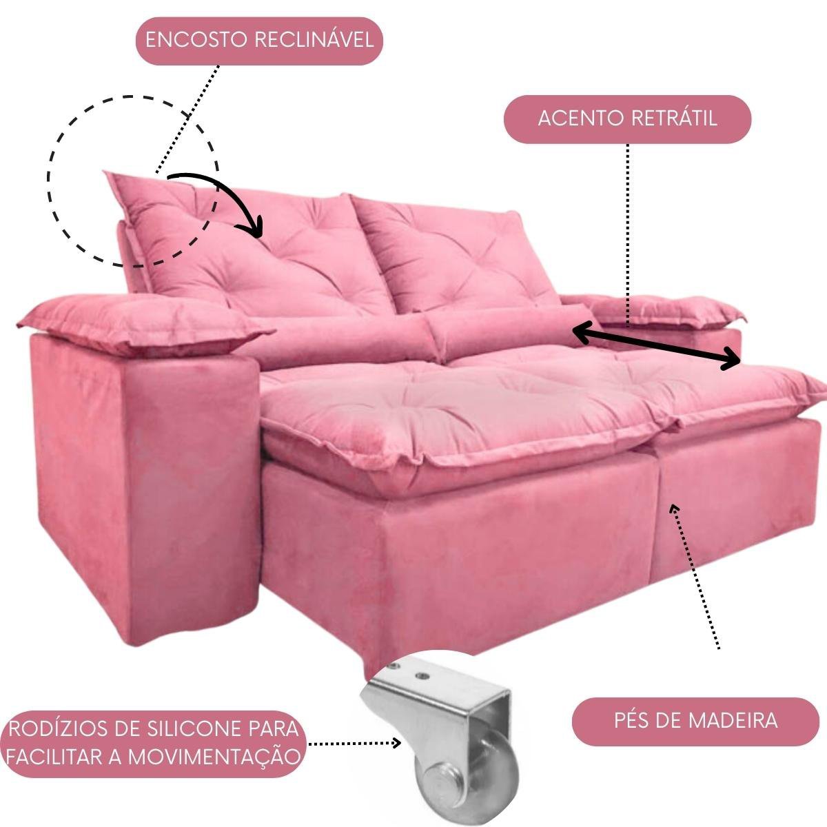 Sofa Reclinavel Retratil Fofinho P/ Assistir Series 2,30m Cor:Rose - 2