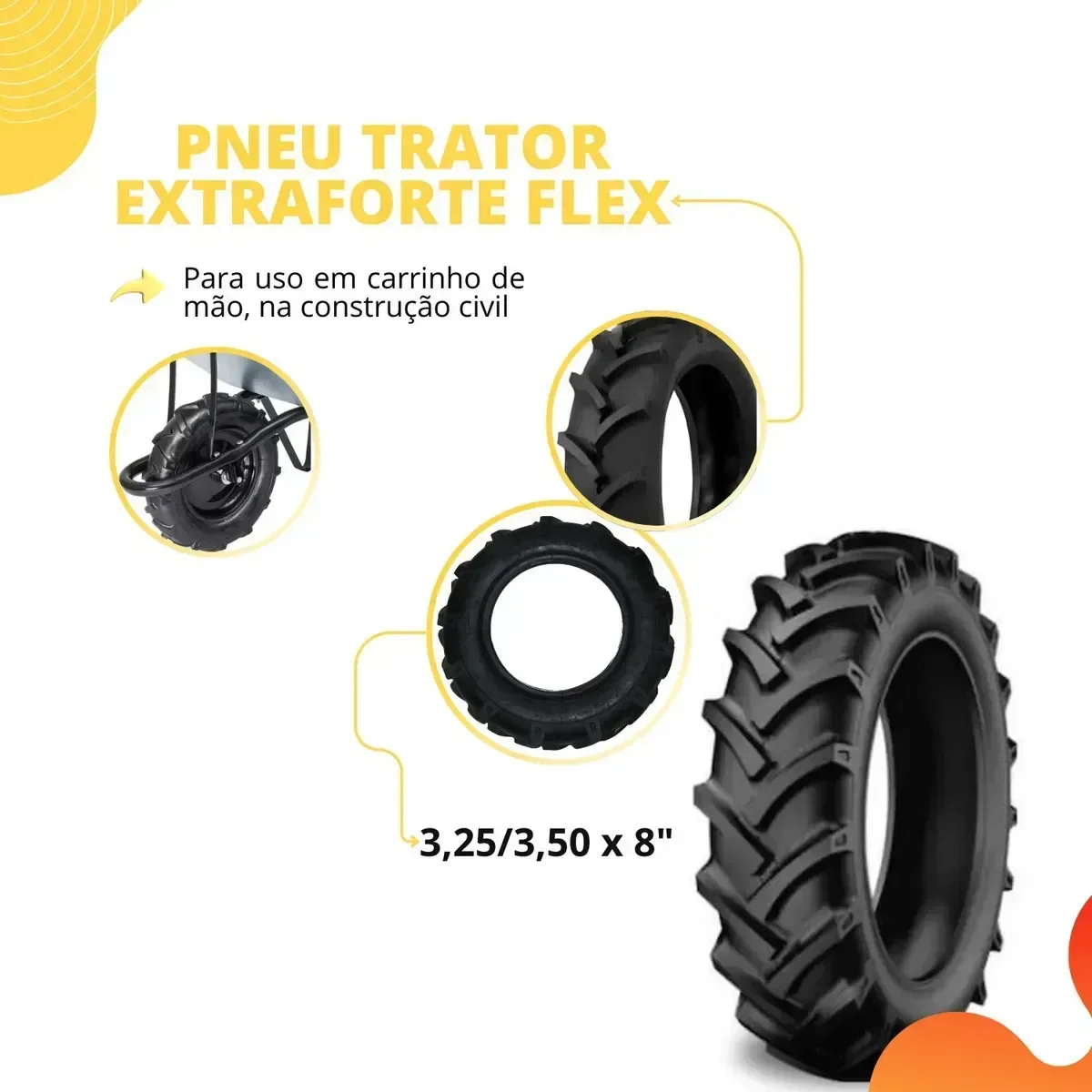 Pneu Carrinho de Mão Tipo Trator 3,25 e 3,50 X 8 - 6