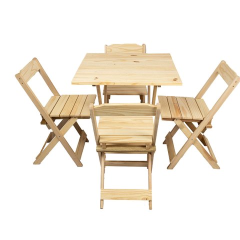 Kit Mesa 70x70 Dobrável em Madeira Maciça com 4 Cadeiras Natural