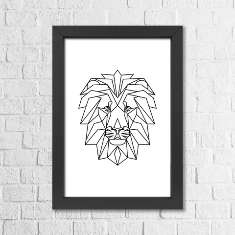 Quadro Decorativo Leão Geométrico Para Sala e Para Quarto Com Moldura 24x34cm