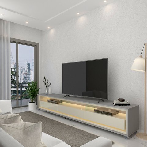 Rack para TV Requinte 212 com LED Rodízios Cinza Off White - Gelius