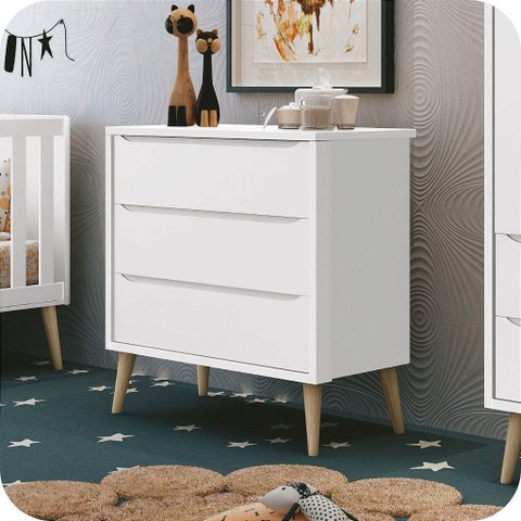 Cômoda Infantil 3 Gavetas Retrô Branco Theo Madeira Natural