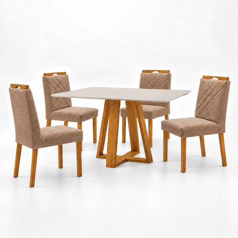 Conjunto Mesa de Jantar Retangular 120x80cm Vidro Off White e 4 Cadeiras Dallas Madeira Maciça