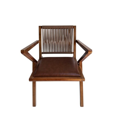 Cadeira Gafanhoto Assento de Couro Sintético Encosto de Corda Náutica Trançada. Castanho