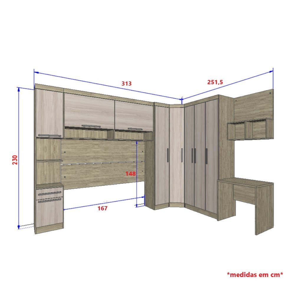 Guarda Roupa Dormitório Modulado Master Casal Queen 1,58 m Canto c/ Mesa Escrivaninha e Nicho - Luci - 4