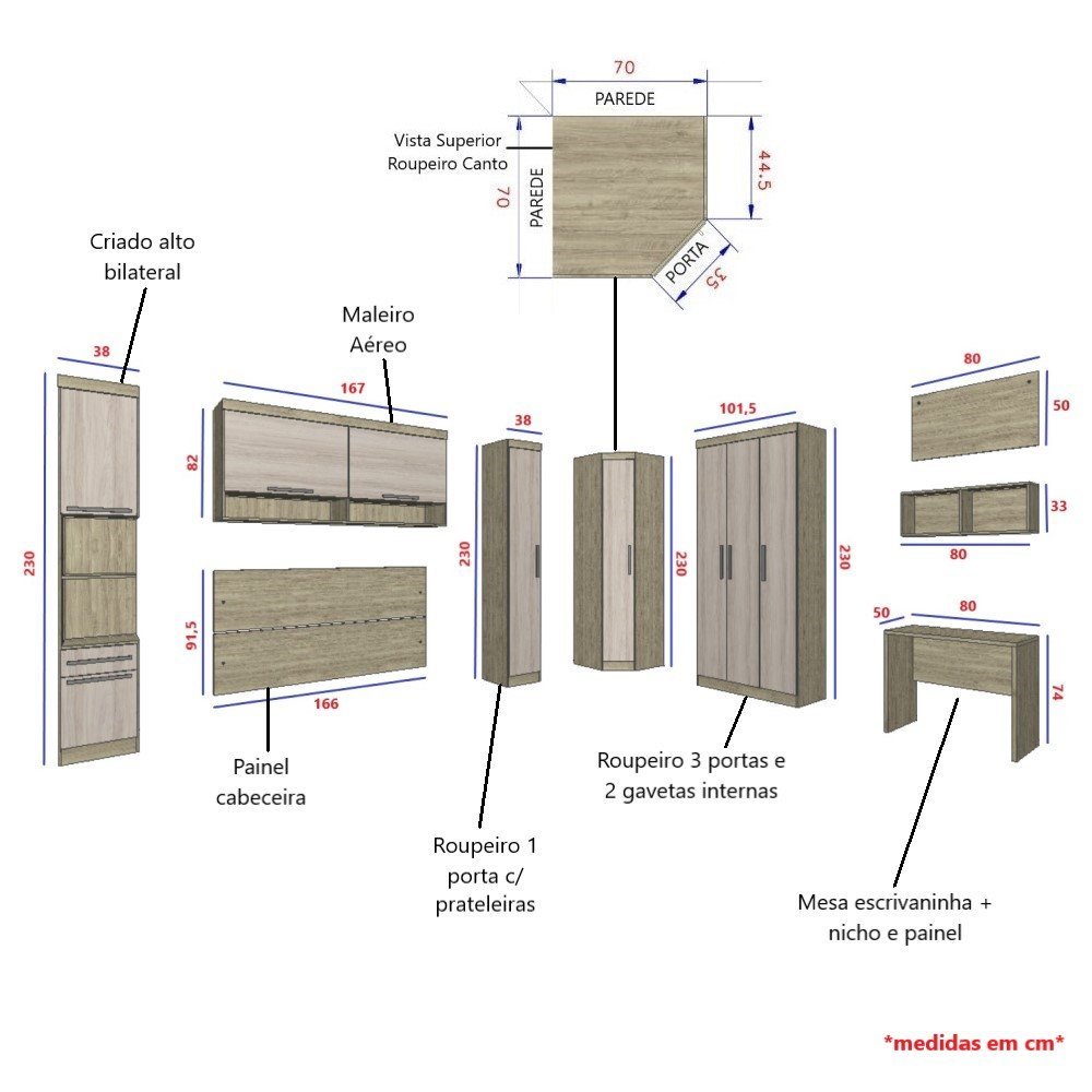 Guarda Roupa Dormitório Modulado Master Casal Queen 1,58 m Canto c/ Mesa Escrivaninha e Nicho - Luci - 3