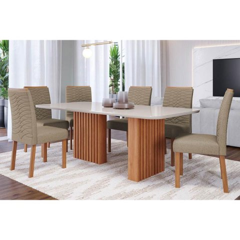 Sala de Jantar Completa Ester C/ Tampo Madeirado C/ Vidro 180x90cm e 6 Cadeiras Clarice Savana-