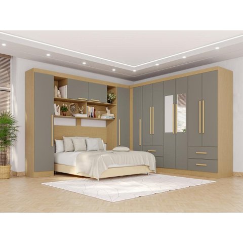 Guarda-Roupa Casal Modulado Canto com Espelho 11 Portas 4 Gavetas Multimóveis Madeirado/Cinza