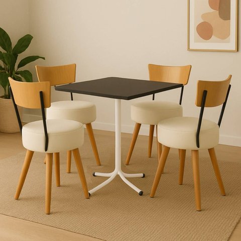 Mesa de Jantar Quadrada 70cm Branca Tampo Preto com 4 Cadeiras Estofada Off-white Encosto Madeira Ur