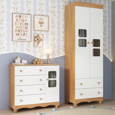 Quarto de Bebê Completo com Guarda-roupas 2 Portas e Cômoda Luna Multimóveis Mp4796 Madeirado/