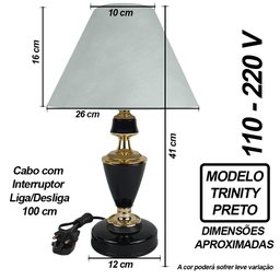 Abajur Clássico Trinity Quarto Sala Luminária Decoração – Preto Cúpula Branca - 2