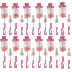 12 Kits de Escovas para Limpeza de Mamadeira e Bico Higienização Esponja Buba Rosa 
