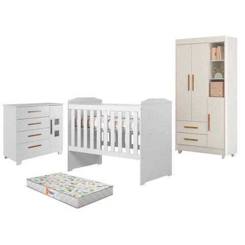 Guarda Roupa Flocos com Cômoda Fly e Berço Americano Carinho Branco Acetinado Colchão Americano Gazi