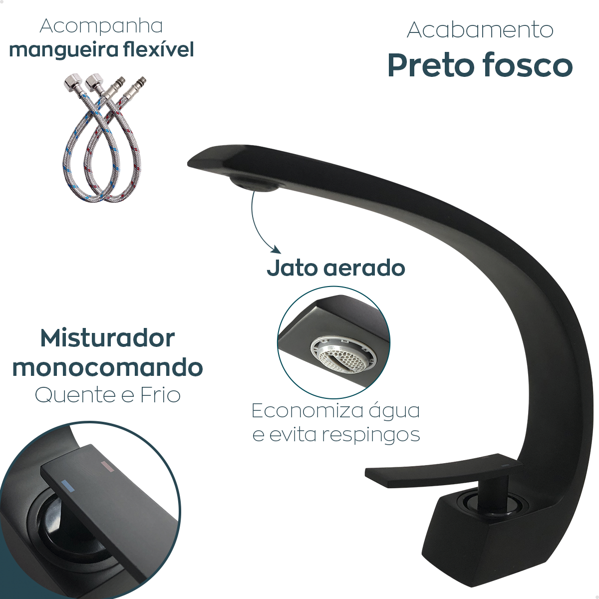 Torneira de Banheiro Cascata Curva Gourmet Preto Fosco Monocomando Misturador Bancada Pia Black Slim - 3