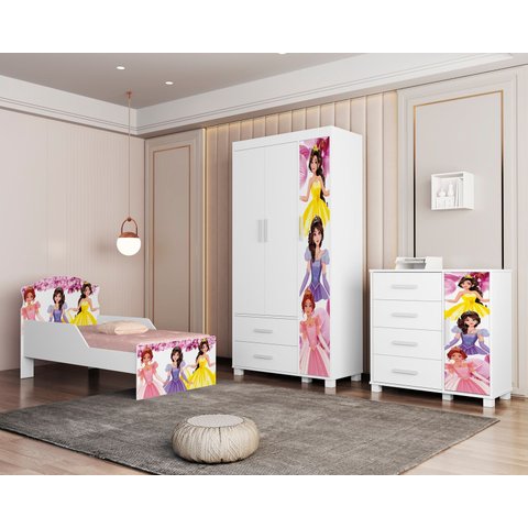 Quarto Infantil Completo Adesivado Cama-comoda-guarda Roupas:princesas