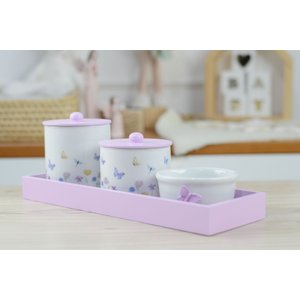 Kit Higiene Bebê Borboletas Jardim Bandeja Menina Banho Baby K210 Lilás
