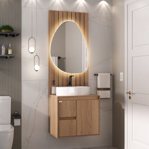 Conjunto para Banheiro Nicole 60 Suspenso Espelho Isis LED Painel Ripado Cuba Lorena Fabribam Catedr