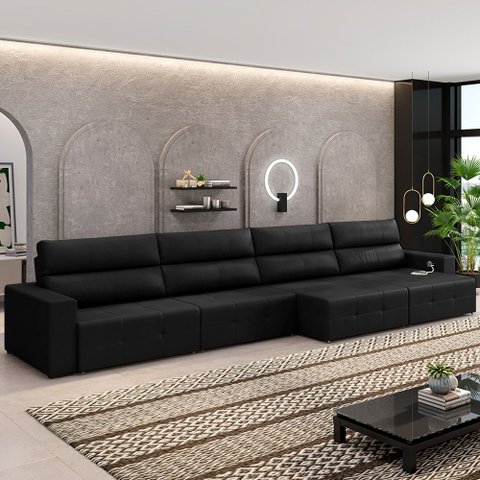 Sofá Retrátil 6 Lugares 364cm 4 Módulos Nero com USB Couro Preto G52 - Gran Belo