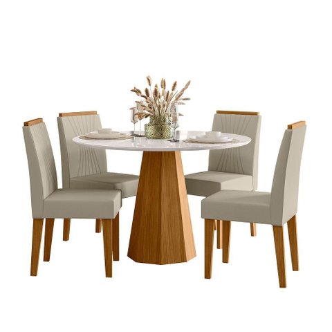 Conjunto Sala de Jantar Mesa Isis 117x117 4 Cadeiras Cecilia Ype/off White/veludo Nude
